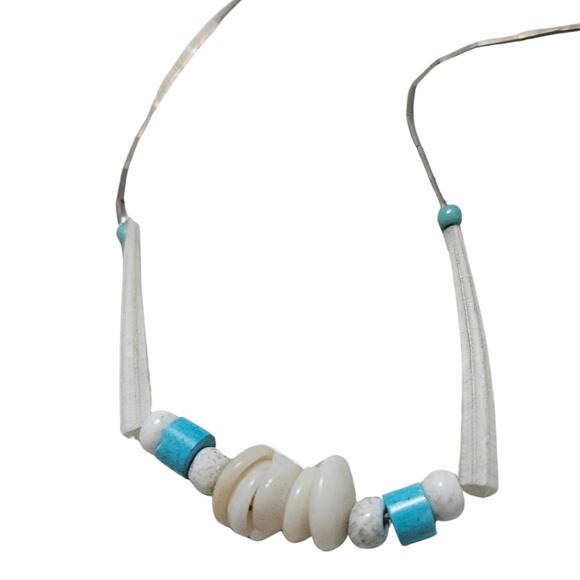 70s Sterling Silver Liquid Beads Turquoise Round Beads Shell Beads Boho Necklace - Picture 3 of 5